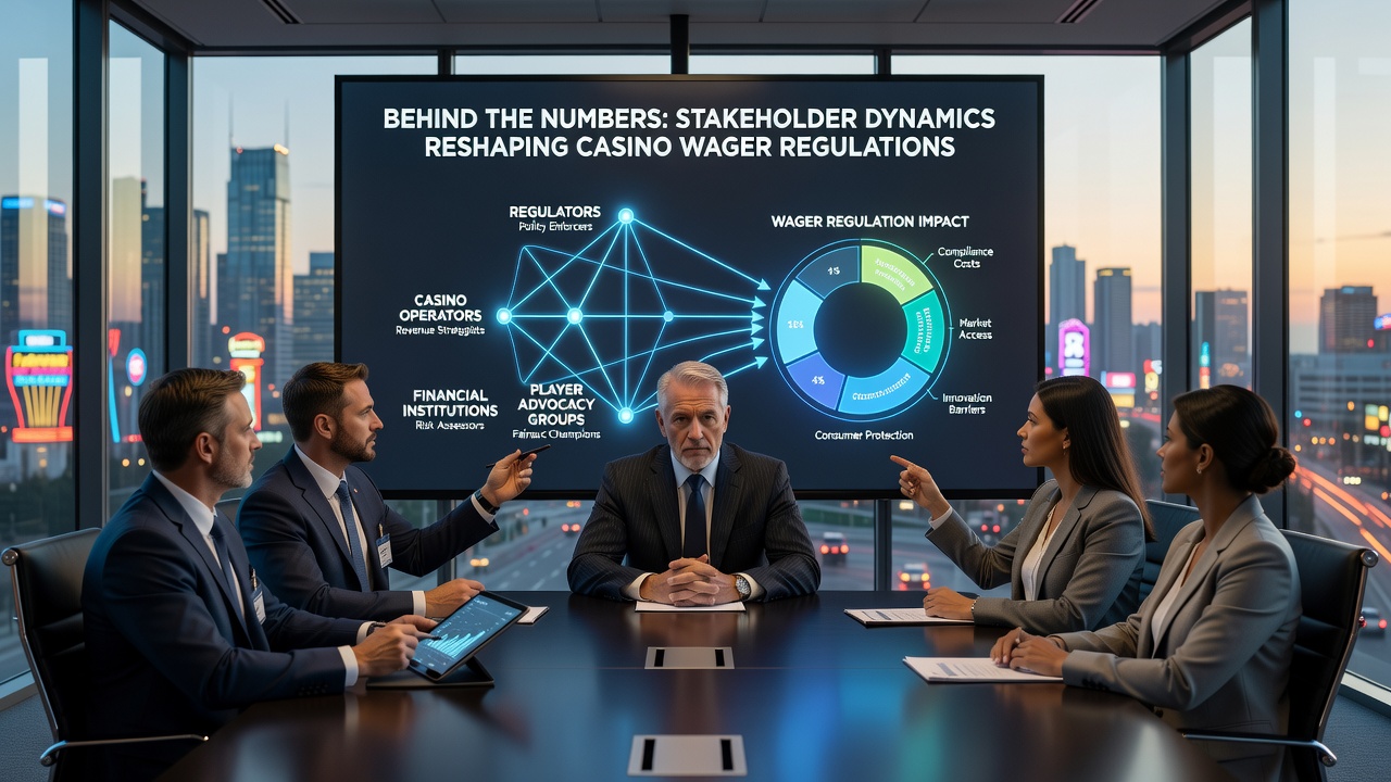 Analysts reviewing regulatory impact reports on casino wagering with multiple computer screens showing graphs and tables